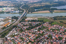 Rail and Street bridges construction across the Rhine river between Karlsruhe and Woerth am Rhein in the state Rhineland-Palatinate, Germany from the plane