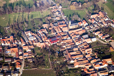 Aerial view of Protestant Church Mühlhofen in the district Mühlhofen in Billigheim-Ingenheim in the state Rhineland-Palatinate, Germany