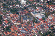 Aerial view of Church building in of Sankt Georgskirche, town-hall and primary school in Old Town- center of downtown in Kandel in the state Rhineland-Palatinate, Germany