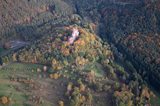 Aerial view of Berwartstein Castle in Erlenbach bei Dahn in the state Rhineland-Palatinate, Germany