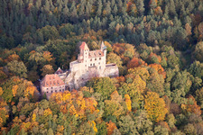 Aerial photograpy of Berwartstein Castle in Erlenbach bei Dahn in the state Rhineland-Palatinate, Germany