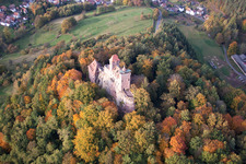 Berwartstein Castle in Erlenbach bei Dahn in the state Rhineland-Palatinate, Germany seen from above