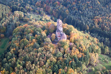 Berwartstein Castle in Erlenbach bei Dahn in the state Rhineland-Palatinate, Germany from the plane