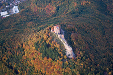 Aerial view of Annweiler, Trifels Castle in Annweiler am Trifels in the state Rhineland-Palatinate, Germany