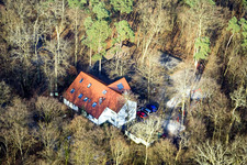 Aerial view of Nature Friends House Bienwald in Kandel in the state Rhineland-Palatinate, Germany