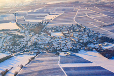 Village view from the east in winter with snow in the district Mörzheim in Landau in der Pfalz in the state Rhineland-Palatinate, Germany