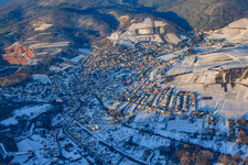 Aerial view of Village view in winter with snow from the south in Albersweiler in the state Rhineland-Palatinate, Germany