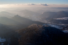 Aerial photograpy of Castle of the fortress Burg Trifels in Annweiler am Trifels in the state Rhineland-Palatinate