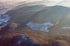 Drone image of Madenburg castle ruins in winter with snow in Eschbach in the state Rhineland-Palatinate, Germany