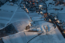 Oblique view of St. Dionysius Chapel in the snow in the district Gleiszellen in Gleiszellen-Gleishorbach in the state Rhineland-Palatinate, Germany