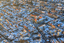 Aerial view of Castle Bad Bergzabern in winter with snow in Bad Bergzabern in the state Rhineland-Palatinate, Germany