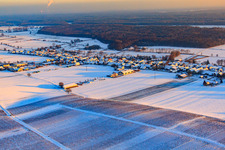 Gräfenberghalle in winter with snow from the northwest in Freckenfeld in the state Rhineland-Palatinate, Germany