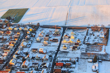 Aerial view of New development area in Holderbusch in winter with snow in Minfeld in the state Rhineland-Palatinate, Germany