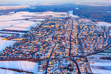 Aerial view of City overview from the west in winter with snow in Kandel in the state Rhineland-Palatinate, Germany