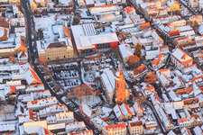 Aerial view of Primary school, town hall and St. George's Church on the market square in winter with snow in Kandel in the state Rhineland-Palatinate, Germany