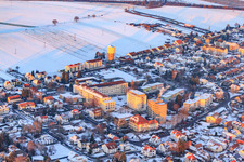 Aerial view of Asklepios Südpfalzkliniken in winter with snow in Kandel in the state Rhineland-Palatinate, Germany