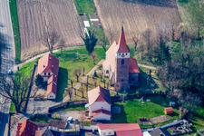 Aerial photograpy of Protestant Church in Minfeld in the state Rhineland-Palatinate, Germany