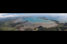 Oblique view of Coastline on the sandy beach of Sued-Pazifik in the district Mcgreogor Bay in Coromandel in Waikato, New Zealand