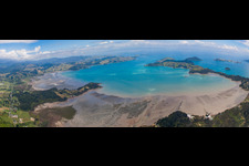 Coastline on the sandy beach of Sued-Pazifik in the district Mcgreogor Bay in Coromandel in Waikato, New Zealand from above