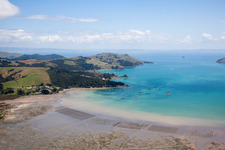 Aerial photograpy of District Te Kouma in Coromandel in the state Waikato, New Zealand