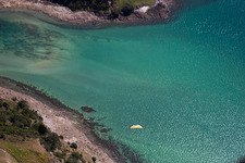 Aerial view of Water surface at the seaside McGregor Bay in the district Coromandel in Wyuna Bay in Waikato, New Zealand