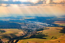 Village on the banks of the Main from the west in Schonungen in the state Bavaria, Germany