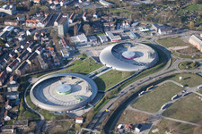 Building of the shopping center Shopping Cite in Baden-Baden in the state Baden-Wurttemberg seen from a drone