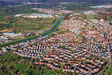 Aerial view of City view in the Murg Valley from the west in Kuppenheim in the state Baden-Wuerttemberg, Germany
