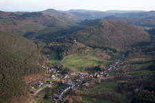 Fortress Berwartstein in Erlenbach bei Dahn in the state Rhineland-Palatinate viewn from the air