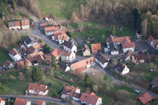 Aerial view of Assumption Day in Erlenbach bei Dahn in the state Rhineland-Palatinate, Germany
