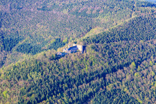 Neuscharfeneck Castle Ruins in Flemlingen in the state Rhineland-Palatinate, Germany seen from a drone