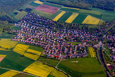 Aerial view of Town View of the streets and houses of the residential areas in Reichenberg in the state Bavaria, Germany