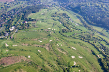Aerial view of Grounds of the Golf course at of Golf Club Wuerzburg e.V. in the district Heidingsfeld in Wuerzburg in the state Bavaria, Germany