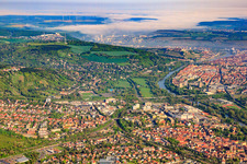 Aerial view of City view from both sides of the Main from the southwest in the district Steinbachtal in Würzburg in the state Bavaria, Germany
