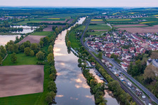 Aerial view of Motorclub Obertheres on the banks of the Main at sunset in the district Obertheres in Theres in the state Bavaria, Germany