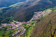 Aerial view of Village - view on the edge of agricultural fields and farmland in Spirkelbach in the state Rhineland-Palatinate, Germany