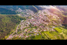 Aerial view of City in the Palatinate Forest from the east in Hauenstein in the state Rhineland-Palatinate, Germany