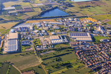 Daimlerstraße industrial area from the east with Logistikzentrum Karlsruhe GmbH, CTDI GmbH and Seifert Logistics Group in Malsch in the state Baden-Wuerttemberg, Germany
