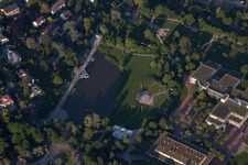 Aerial view of Albgauhalle at Horbachpark and Horbachsee in Ettlingen in the state Baden-Wuerttemberg, Germany