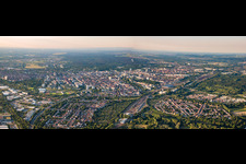 City panorama on both sides of the railway from the south in the district Weiherfeld-Dammerstock in Karlsruhe in the state Baden-Wuerttemberg, Germany