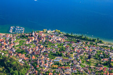 Aerial view of St. Martin's Church and yacht dock at the East Harbor in Sipplingen in the state Baden-Wuerttemberg, Germany