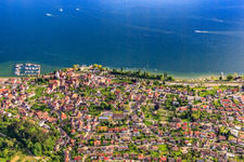 Aerial photograpy of St. Martin's Church and yacht dock at the East Harbor in Sipplingen in the state Baden-Wuerttemberg, Germany