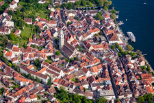 Oblique view of Überlingen old town with St. Nicholas Cathedral and lake promenade in Überlingen in the state Baden-Wuerttemberg, Germany