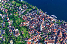 Aerial view of Überlingen old town with St. Nicholas Cathedral and waterfront promenade in Überlingen in the state Baden-Wuerttemberg, Germany
