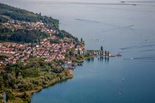 Aerial photograpy of Museum building ensemble Pfahlbauten Unteruhldingen in the lake of Constance in Uhldingen-Muehlhofen in the state Baden-Wurttemberg, Germany
