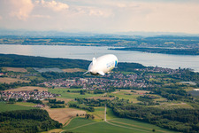 Aerial view of Uhdingen-Mühlhofen with Zeppelin NT in the district Unteruhldingen in Uhldingen-Mühlhofen in the state Baden-Wuerttemberg, Germany