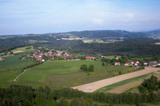 Village - view on the edge of agricultural fields and farmland in Herdwangen-Schoenach in the state Baden-Wurttemberg, Germany from above