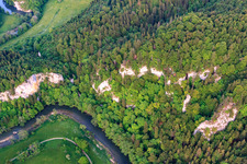 Laibfels above the Danube Valley in Fridingen an der Donau in the state Baden-Wuerttemberg, Germany from above