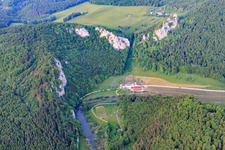 Aerial photograpy of Hunter's house in the Danube Valley in Fridingen an der Donau in the state Baden-Wuerttemberg, Germany
