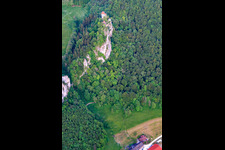 Aerial view of Bronnen Castle above the Danube Valley in Fridingen an der Donau in the state Baden-Wuerttemberg, Germany